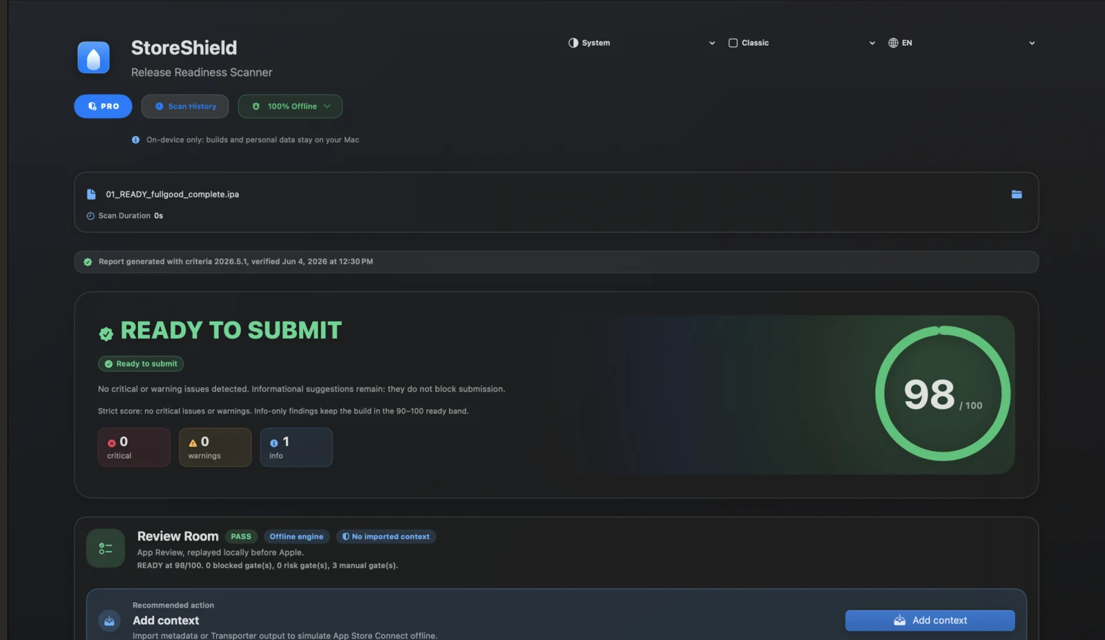StoreShield showing a completed scan, Ready to Submit verdict, Review Room, and recommended App Store submission action.